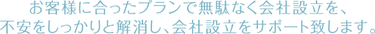 お客様に合ったプランで無駄なく会社設立を、不安をしっかりと解消し、会社設立をサポート致します。
