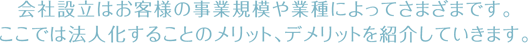 会社設立はお客様の事業規模や業種によってさまざまです。 ここでは法人化することのメリット、デメリットを紹介していきます。